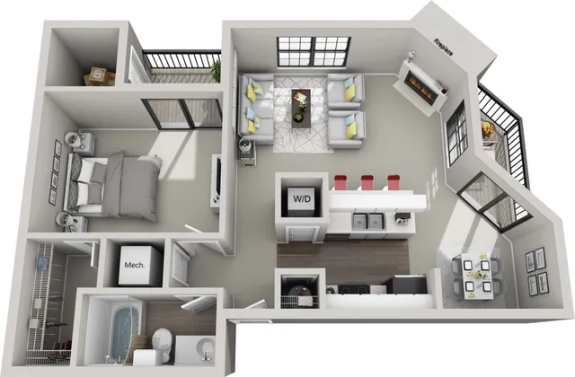 Modern one bedroom floor plan showcasing a spacious one-bedroom layout with a cozy living area, balcony access, and fireplace. Features include an open kitchen with breakfast bar, stylish dining area, and convenient washer/dryer setup.