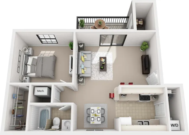 One bedroom floor plan showcasing a spacious bedroom, cozy living room, open kitchen, and private balcony, ideal for stylish urban living.