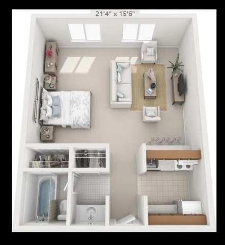 Charming studio apartment floor plan with cozy bedroom area, inviting living space, modern kitchen, and compact bathroom.