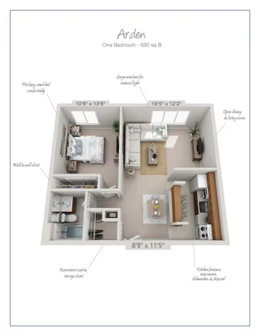 Arden\'s elegant one-bedroom floor plan, 680 sq ft, featuring a spacious living room, cozy bedroom with large windows for natural light, open dining area, and a modern kitchen with amenities.