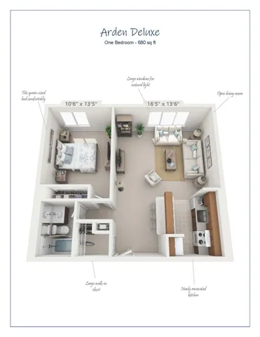 Arden Deluxe 3D floor plan showcasing a cozy one-bedroom apartment with a spacious living room, modern kitchen, and ample natural light, 680 sq ft.