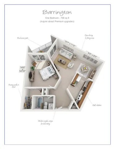Elegant Barrington floor plan featuring 1 bedroom, spacious dual-access patio, chef\'s kitchen, and open dining and living area in 700 sq ft.