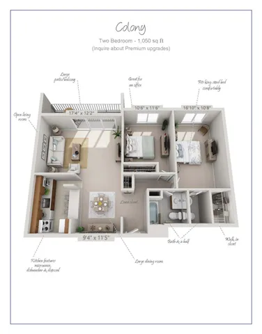 Colony floor plan showcasing a spacious two-bedroom, 1,050 sq ft layout with a large patio balcony, open-concept living room, and modern kitchen equipped with microwave and dishwasher. Includes a versatile office space, king-sized bedroom, large dining area, bath and a half, linen closet, and walk-in closet. Ideal for comfortable living and premium upgrades.