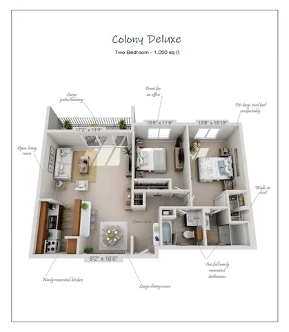 Colony Deluxe floor plan showcasing two spacious bedrooms, an open living area, and a newly renovated kitchen, totaling 1,050 sq ft. Features include a large patio, suitable office space, and two full bathrooms.