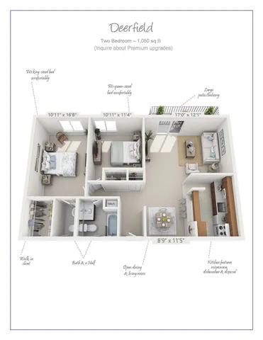 Deerfield floor plan showcases a spacious 1,050 sq ft layout with two bedrooms, including a king-sized and queen-sized room. Features a bath and a half, walk-in closet, open dining and living area, large patio balcony, and a modern kitchen equipped with a microwave, dishwasher, and disposal.