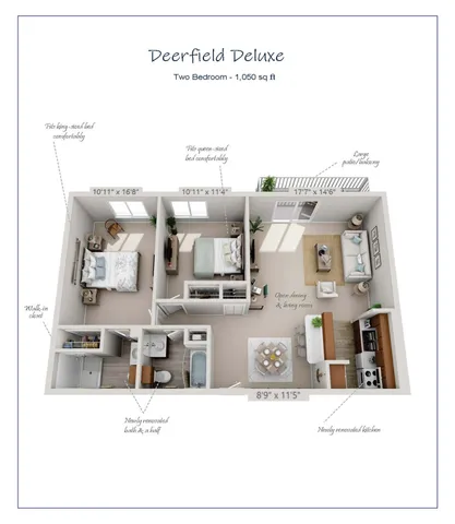 Deerfield Deluxe 3D floor plan showcasing 2 bedrooms, spacious open dining and living area, with a large patio balcony, 1,050 sq ft.