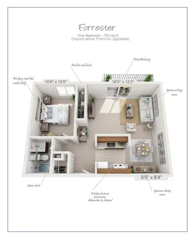 Forrester 700 sq ft floor plan featuring one bedroom with a king-sized bed, wall-to-wall closet, spacious living room, dining area, and a kitchen with premium appliances. Includes patio/balcony and a linen closet for added convenience.