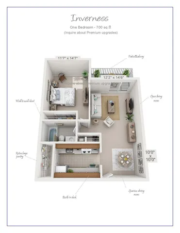 Inverness floor plan showcasing a cozy 700 sq ft one-bedroom apartment with a private balcony, open living room, spacious dining area, and extra large pantry.
