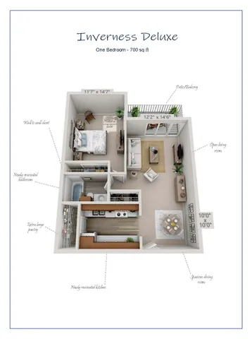 Inverness Deluxe floor plan with one bedroom, newly renovated kitchen and bathroom, open living room, and a spacious balcony, covering 700 sq ft.