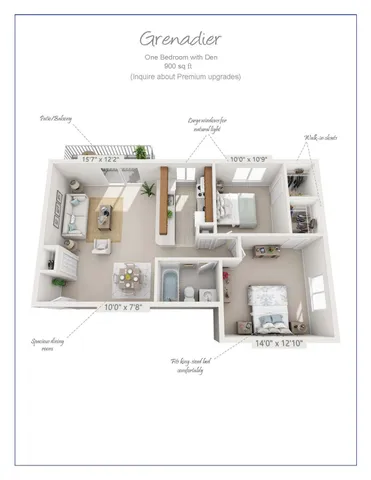 Grenadier floor plan showcasing 1 bedroom with den, spacious living area, modern kitchen, and a private patio in 900 sq ft. Features large windows and walk-in closets.