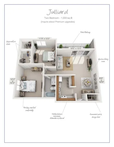 Elegant Julliard floor plan showcasing a spacious 1,000 sq ft layout with 2 bedrooms, large walk-in closets, modern kitchen, and a cozy patio/balcony.
