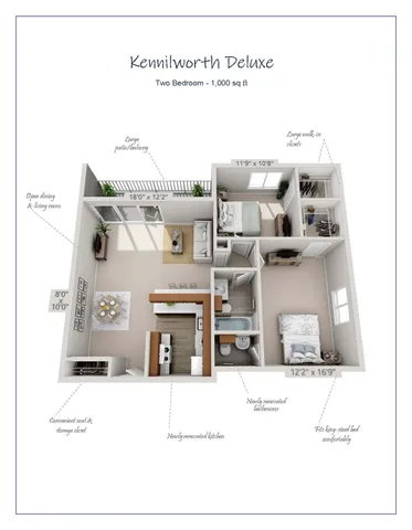Kenilworth Deluxe floor plan showcasing a spacious 1000 sq ft layout with two bedrooms, open dining and living room, newly renovated kitchen and bathrooms, large walk-in closets, and a sizable patio balcony.