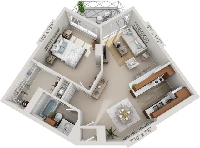 Modern 3D floor plan featuring a cozy bedroom, stylish bathroom, and open-concept living area with kitchen, perfect for comfortable living.