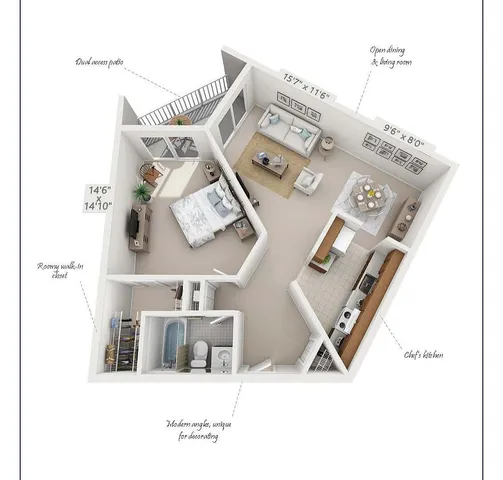 Barrington 3D floor plan featuring one bedroom, open dining and living room, chef&rsquo;s kitchen, dual access patio, and roomy walk-in closet in 700 sq ft.