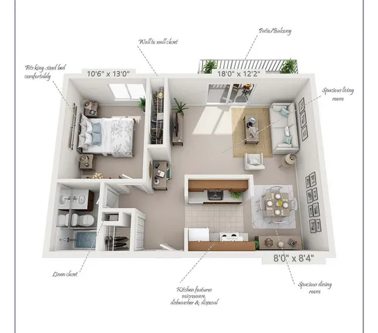 Forrester one-bedroom apartment floor plan, 700 sq ft, featuring a king-size bedroom, spacious living and dining area, modern kitchen with microwave and dishwasher, and a patio/balcony.