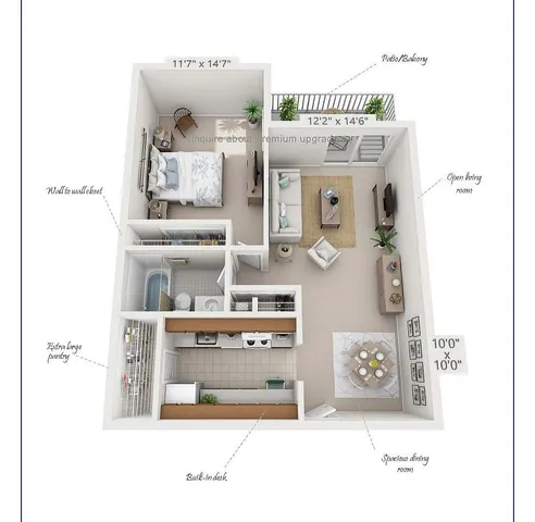 Inverness floor plan featuring 1 bedroom, open living area, spacious dining room, and a patio balcony, all within 700 sq ft. Includes a large pantry and built-in desk.