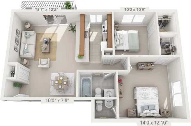 Chic 3D floor plan showcasing 2 spacious bedrooms, elegant open-concept living and dining area, modern kitchen with breakfast nook, and a balcony.