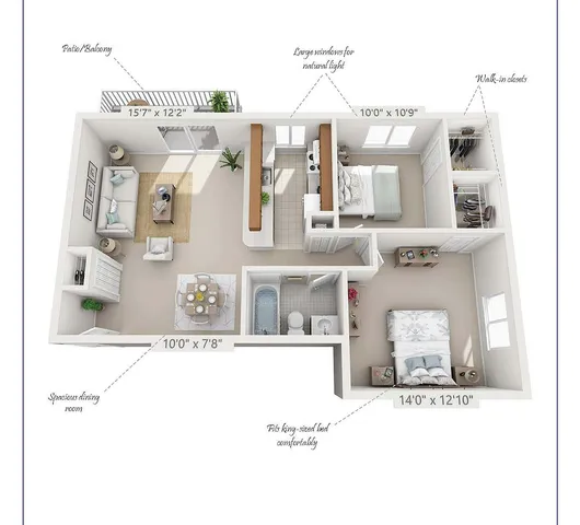 Grenadier floor plan showcasing a stylish 900 sq ft space with one bedroom, den, and a spacious living area. Features include a patio, large windows for natural light, and modern amenities. Ideal for vibrant living.