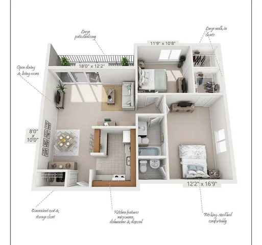 Kennilworth floor plan with two bedrooms, open dining and living room, large patio, spacious kitchen with modern appliances, and ample walk-in closets, covering 1,000 sq ft.
