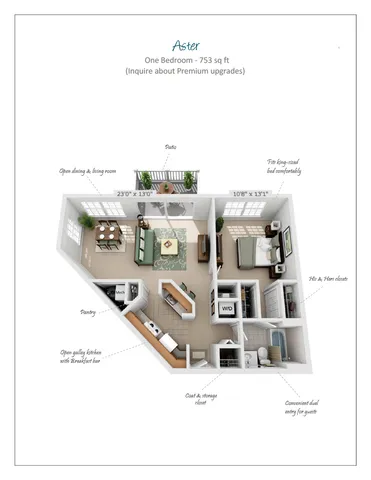 Aster floor plan featuring a stylish one-bedroom apartment, 753 sq ft, with spacious living and dining area, open galley kitchen with breakfast bar, and a private patio. Includes convenient dual entry for guests and ample storage space with his and hers closets.