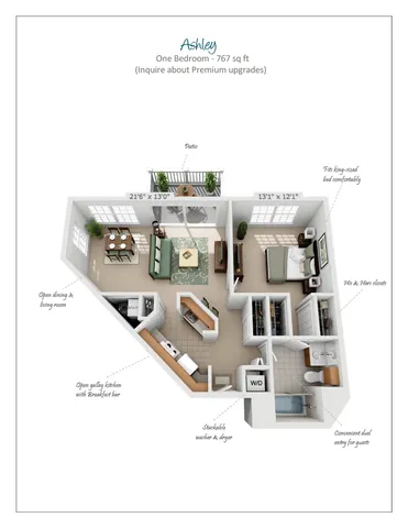 Charming one-bedroom floor plan, 767 sq ft, with open dining and living room, spacious patio, and modern kitchen with breakfast bar.