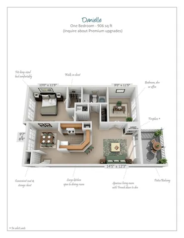 Danielle one-bedroom floor plan, 906 sq ft, featuring a large kitchen open to dining, spacious living room with French doors, cozy bedroom, and a patio/balcony.