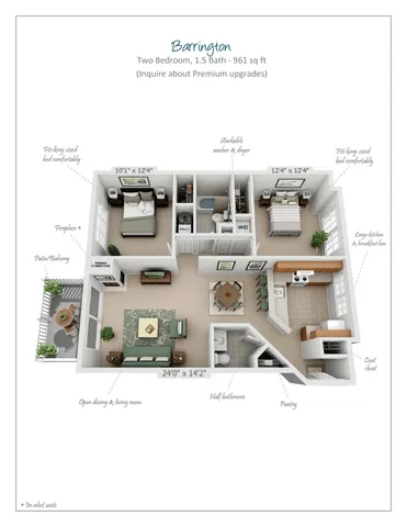Barrington floor plan showcasing a bright 2-bedroom, 1.5-bath layout with spacious open dining and living area, modern kitchen with breakfast bar, and charming patio/balcony.