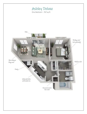 Ashley Deluxe floor plan highlighting 767 sq ft with a spacious one-bedroom layout, open dining and living area, galley style kitchen with breakfast bar, and a walk-in closet. Features a cozy patio and convenient bath amenities.