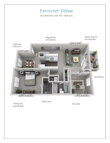 Forrester Deluxe 3D floor plan showcasing one bedroom with a den, spacious living room with French doors, and a galley-style kitchen with breakfast bar, covering 869 sq ft.