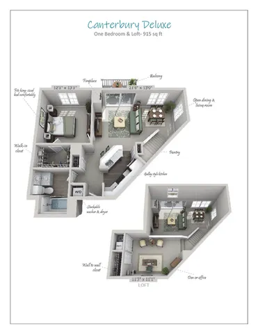 Canterbury Deluxe 3D floor plan with one bedroom, loft with den/office, open dining and living room, and private balcony, 915 sq ft.