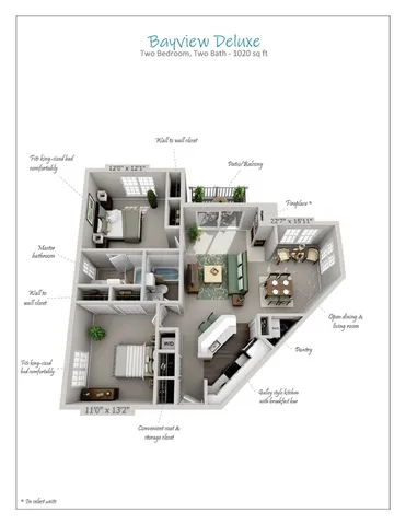 Bayview Deluxe floor plan showcasing a 1020 sq ft layout with two bedrooms, two baths, an open dining and living room, patio/balcony, and a galley-style kitchen with breakfast bar.