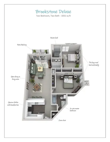 Brookstone Deluxe 3D floor plan showcases a stylish two-bedroom, two-bathroom apartment with a spacious kitchen, breakfast bar, open living and dining area, and a patio/balcony. Perfectly designed with a master bath and room for a king-sized bed, totaling 1031 sq ft.