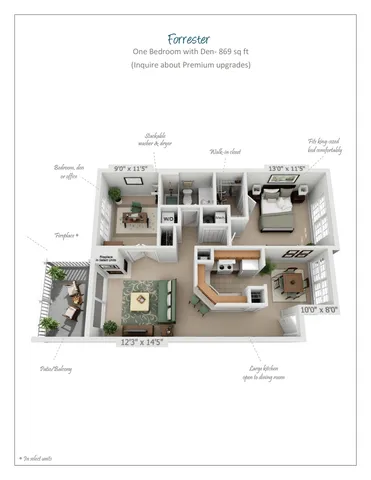 Elegant Forrester floor plan with 1 bedroom, a den, and a spacious 869 sq ft layout. Features include a walk-in closet, large kitchen open to dining, cozy fireplace, and private patio/balcony.