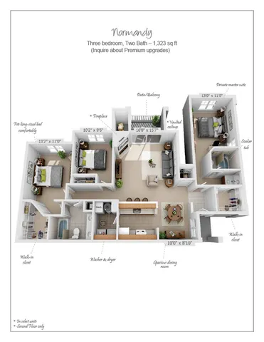 Normandy floor plan showcasing 3 bedrooms, 2 bathrooms with a spacious 1,323 sq ft layout. Features include a cozy fireplace, open living area with vaulted ceilings, patio/balcony, and premium upgrade options.