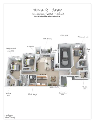 Elegant Normandy floor plan showcasing a 3-bedroom, 2-bathroom layout with a private garage and a cozy living area. Features include vaulted ceilings, a soaker tub in the master suite, and a spacious dining room, spanning 1,323 sq ft.