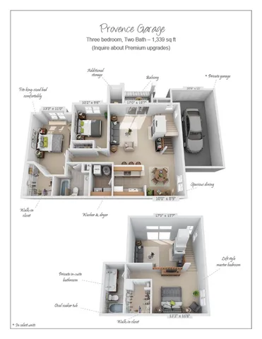 Provence Garage floor plan showcasing 3 spacious bedrooms, luxurious two baths, open-concept living area with balcony, private garage, and modern kitchen layout in 1,339 sq ft.