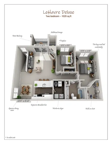 LeHavre Deluxe two-bedroom floor plan, 1020 sq ft, featuring a spacious living room with a fireplace, open kitchen with breakfast bar, dining room, private patio/balcony, and two bedrooms with ample storage including a walk-in closet.