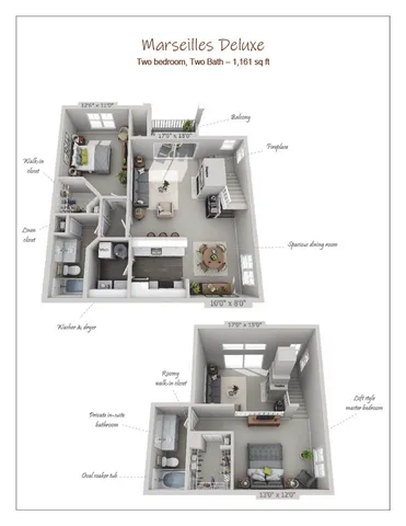 Marseilles Deluxe floor plan showcasing 1,161 sq ft with two bedrooms, two baths, expansive living room, fireplace, private balcony, and modern kitchen.