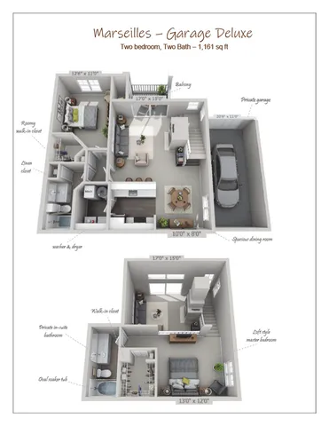 Modern Marseilles Garage Deluxe floor plan featuring two bedrooms, two baths, spacious living area with a balcony, and a private garage, totaling 1,161 sq ft.