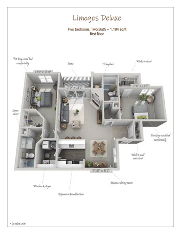 Elegant 3D floor plan of Limoges Deluxe, featuring 2 bedrooms, 2 baths, an open living area with fireplace, expansive breakfast bar, spacious dining room, and patio, spanning 1,184 sq ft on the first floor.