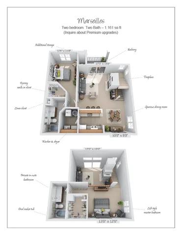 Marseilles floor plan showcasing 1,161 sq ft with 2 bedrooms, 2 bathrooms, a spacious living area, and a balcony. Features include a fireplace, dining room, walk-in closets, and premium upgrades.