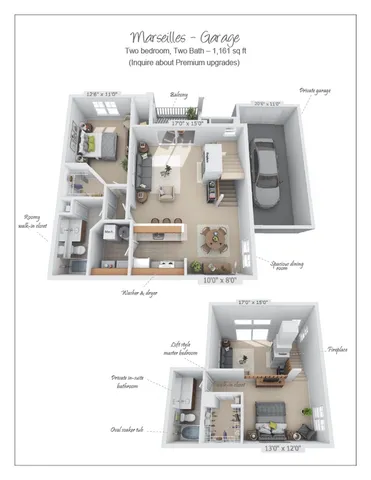 Marseilles Garage floor plan showcasing 2 bedrooms, 2 bathrooms, a spacious dining room, and a loft-style master bedroom with private en-suite. Includes a balcony, fireplace, and private garage, totaling 1,161 sq ft.