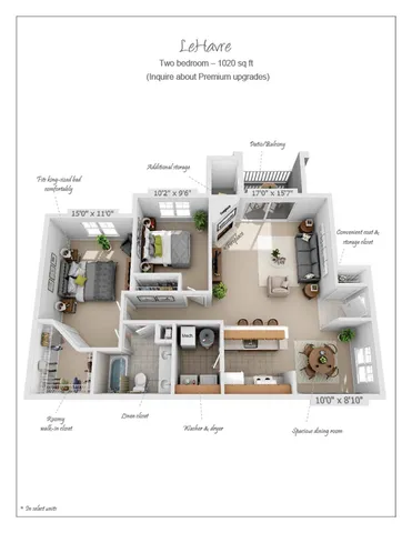 LeHavre apartment floor plan showcasing 1020 sq ft with 2 bedrooms, spacious living room, modern kitchen, dining area, and patio/balcony. Features include a roomy walk-in closet, additional storage, and in-unit washer and dryer. Ideal for comfortable living.