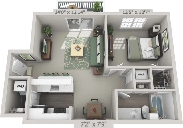 Chic floor plan featuring a spacious one-bedroom with elegant living room, modern open kitchen, and cozy balcony area.
