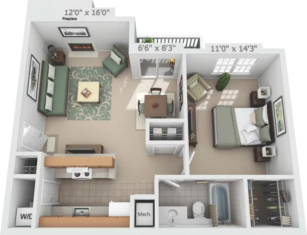 Inviting 3D floor plan featuring a cozy one-bedroom layout with a spacious living room, fireplace, and private balcony.