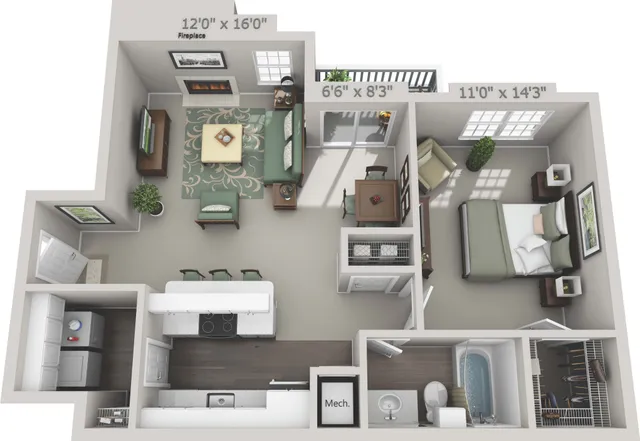 Modern 3D floor plan showcasing a cozy living room with a fireplace, spacious bedroom, elegant kitchen, bathroom, and private balcony.