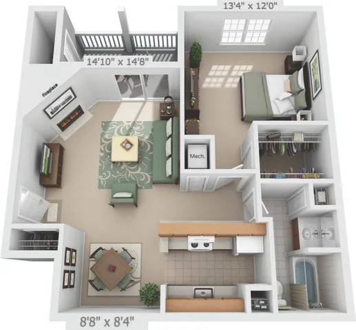 Modern 1-bedroom floor plan featuring a cozy living area with fireplace, spacious bedroom, efficient kitchen, and elegant balcony space.