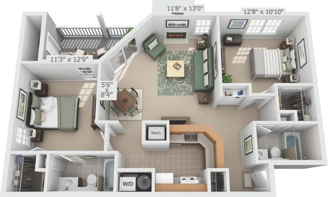 Charming 3D floor plan showcasing a cozy 2-bedroom apartment with a spacious living room, dining area, and modern kitchen. Features include a private balcony, stylish fireplace, and elegant bathroom.