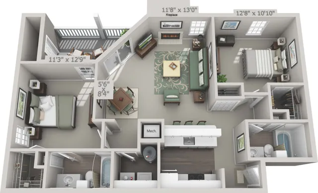 Modern 3D floor plan showcasing 2 cozy bedrooms, a spacious living room with a fireplace, a stylish kitchen with a breakfast bar, and a private balcony for relaxing.