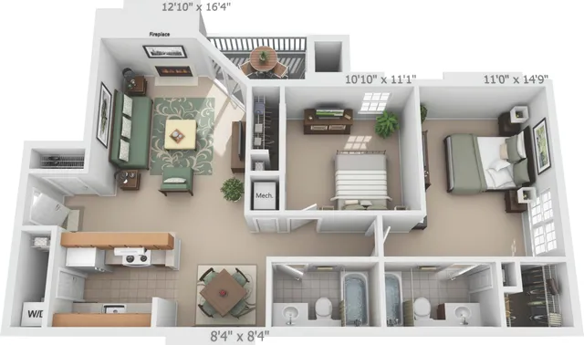 Inviting 2D floor plan with 2 bedrooms, cozy living room with fireplace, modern kitchen, and private balcony.